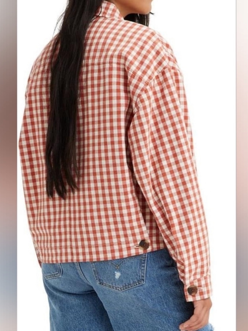 Levi’s Cara cotton prep jacket Jean jacket chore coat checkered orange white NWT - Picture 3 of 9
